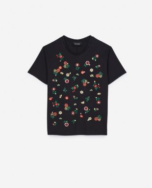 T shirt noir broderies fleurs