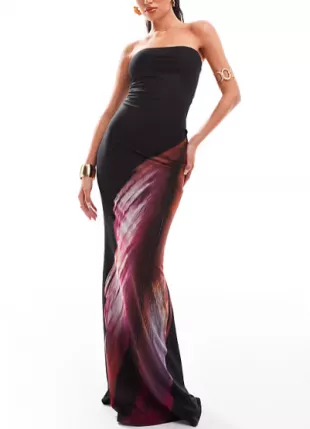 Murci - Bandeau Oversized Phoenix Print Maxi Dress In Black