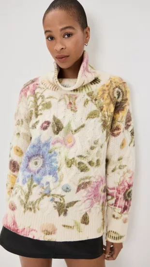 Chunky Floral Wool Turtleneck Sweater in Multi