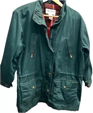 Eddie Bauer GREEN canvas Jacket Red Plaid WOOL Lined Women zip Snap, Big Pockets  | eBay