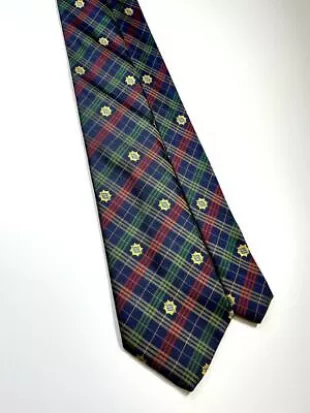 Wide Tie Necktie Coco Mark Logo Plaid Pattern Navy Yellow Red Silk Mens