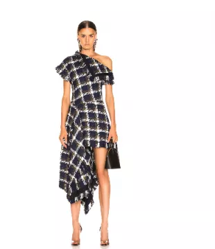 Flap Shoulder Asymmetrical Tweed Dress