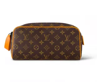 Brown Monogram & Yellow-Trim Toiletry Bag