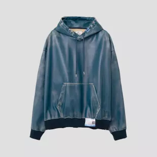 Blue Distressed Faux Leather Hoodie