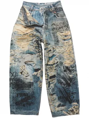 Blue Trompe L'oeil Destroyed Baggy Jeans