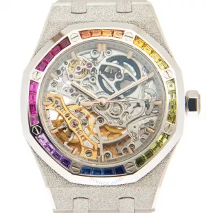 Frosted White Gold & Rainbow Bezel 'Royal Oak'