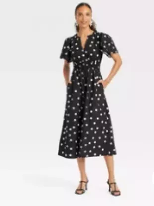 Flutter Short Sleeve Poplin Midi A-Line Dress