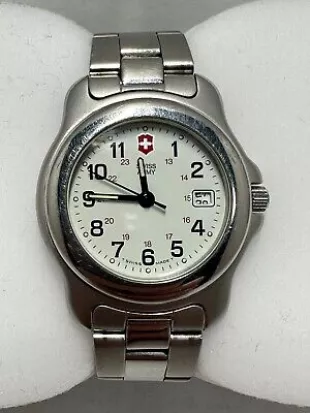 Vtg 2001 Victorinox Swiss Army Ladies Quartz 28mm Officer's Watch - Enamel Dial
