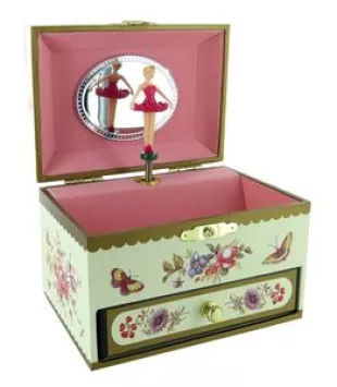 Trousselier musical jewellery box with dancing ballerina and 18-note wind up musical mechanism - Item# for this Trousselier musical jewellery box: 35-102-ROMEO. Trousselier musical jewellery box made of wood covered with decorated paper with drawer and mi