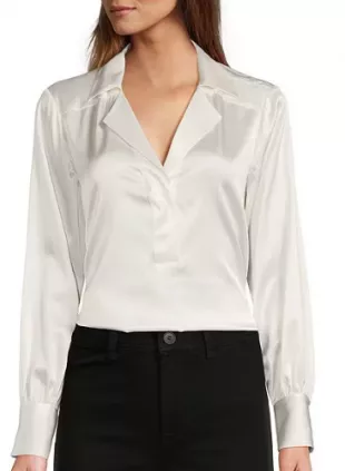 Violet Silk Notch Collar V-Neck Long Blouson Sleeve Blouse