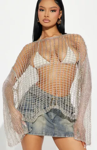 Band Silver Metallic Crochet Sweater