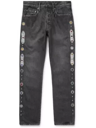 Monkey CISCO Straight-Leg Embellished Leather-Trimmed Jeans