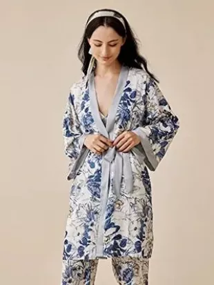Binding Robe Haoyuce - Satin Luvlette Floral & Plants Print Contrast Binding Robe ...