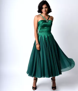 Emerald Satin & Chiffon Dovima Ballerina Swing Dress