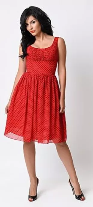 Red & Black Polka Dot Barcelona Chiffon Swing Dress