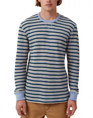 Cotton On - Men's Chunky Waffle Long Sleeve T-Shirt Blue Stripe