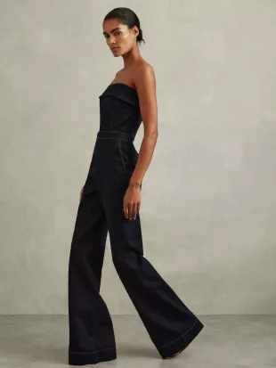 Denim Strapless Wide Leg Jumpsuit