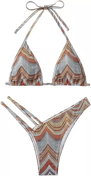 2 Piece Striped Triangle Bikini Sets High Cut Halter Swimsuit
