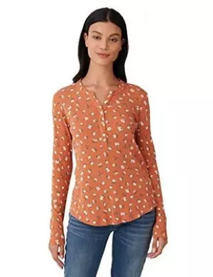 Women's Long Sleeve Printed Pointelle Henley Top