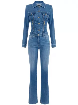 Denim Jumpsuit with Zip and Shoulder Pads