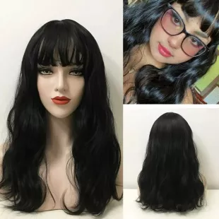 Nevermindyrhead Long Black Wavy Wig for Women, Natural Wavy Wigs with Wispy Fringe Bangs For Daily Party Use, 20 Inches