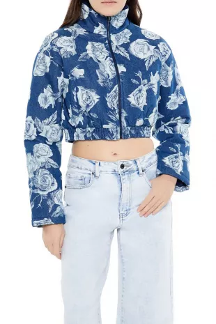Rose Print Denim Puffer Jacket