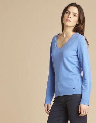 Pull bleu encolure brillante laine et soie