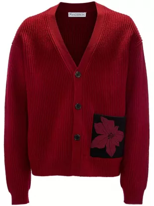 Flocked-Flower Patch-Pocket Cardigan
