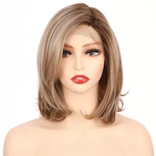 OneDor 9.5 Inch Size Part Lace Front Relaxed Straight Bob Wig (Dark Natural Blonde Blended & Pale Golden Blonde with Dark Roots-OT8/386/624)