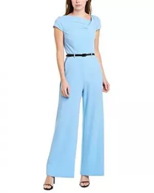 Cowl Neck Wide Leg Stretch Crepe Jumpsuit with Contrast Belt