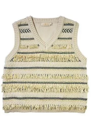 Large Cream Striped V-Neck Sweater Vest W/Fringe Boho Hippie Trendy