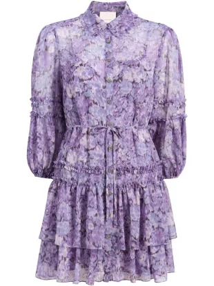 Painted Hydrangea Marsea Ruffle Chiffon Shirtdress