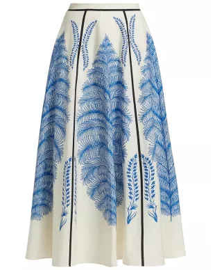 Ivory and Blue Printed Midi Skirt