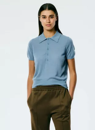 Skinlike Mercerized Wool Shrunken Polo in Blue Mist