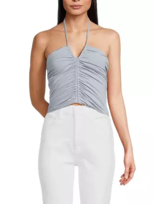 Blue Ruched Halter Cropped Tank Top
