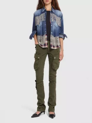 Denim & Tartan Shirt W/ Crystal Fringe