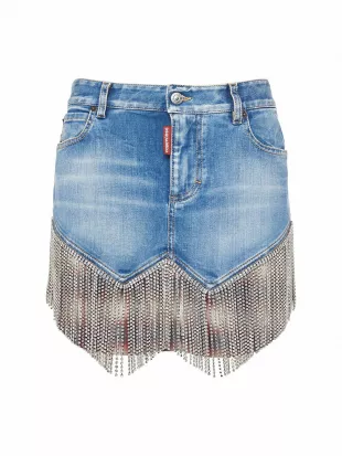 Crystal Fringe Denim Midrise Mini Skirt
