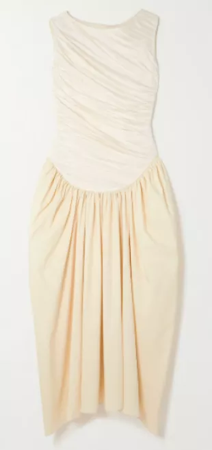 Ora Gathered Tencel Lyocell and Cotton Blend Poplin and Jersey Midi Dress