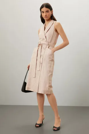 Andie Pinstripe Sleeveless Coat Dress in Neutral