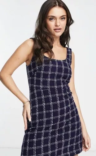 Tweed A Line Mini Dress in Navy Check Print