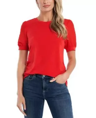 Short Puff Sleeve Mixed Media Knit Top in Fireball