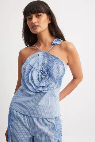 Blue Pinstripe Flower Appliqué Top