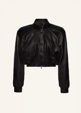Cropped Leather Bomber Jacket in Black