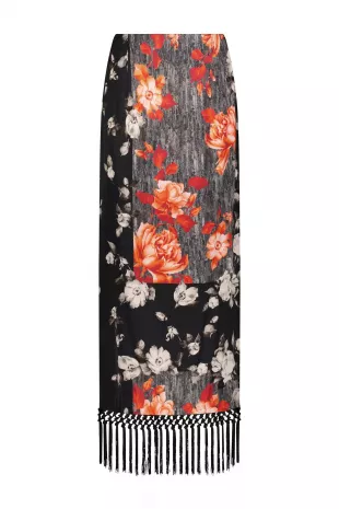 Floral Tile Stretch Satin Fringe Detail Column Skirt
