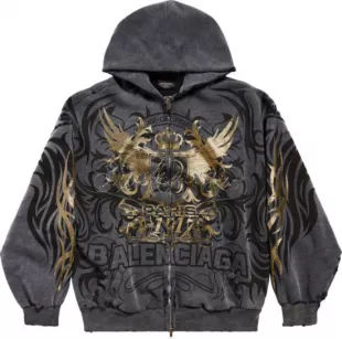 Washed Black Tacky Tattoo Print Zip Hoodie