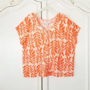 Cream Orange Linen Knit Tropical Leaf Boxy Button Front Top