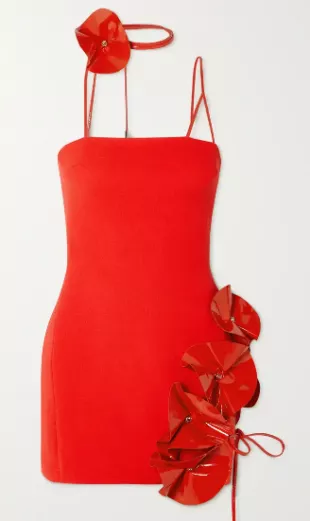 Crystal-Embellished Appliqued Patent-Leather and Wool-Crepe Mini Dress