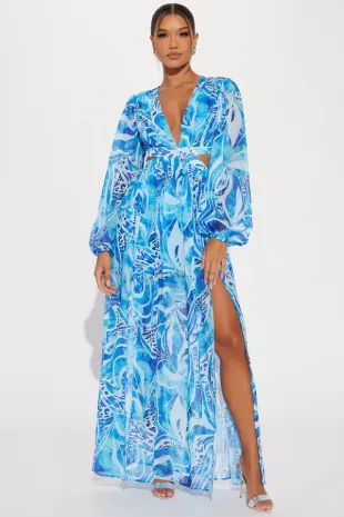 Fashion Nova - Villa Vacation Chiffon Maxi Dress Blue/combo Fashion Nova - Villa Vacation Chiffon Maxi Dress Blue/combo