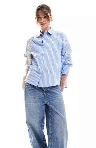 Oxford Button Through Shirt in Blue Stripe