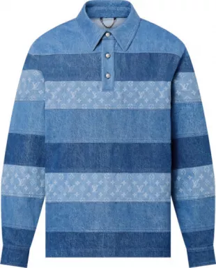 Blue Patchwork Striped Denim Polo
